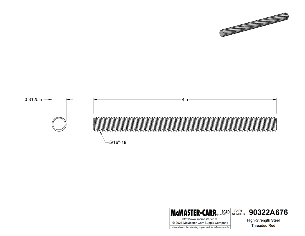 Technical Drawing of High-Strength Steel Threaded Rod, 5/16"-18 Thread Size, 4" Long.